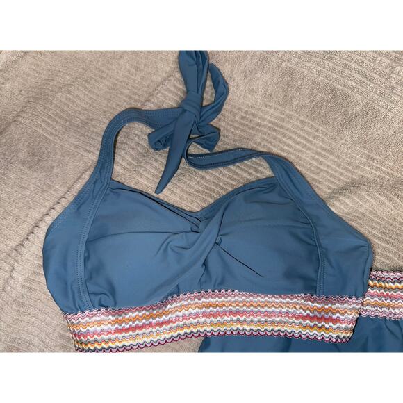 Teen Swimsuit Size 13-14 Blue Halter Neck Tie Contrast Woven Trim  2 Piece - Picture 4 of 6